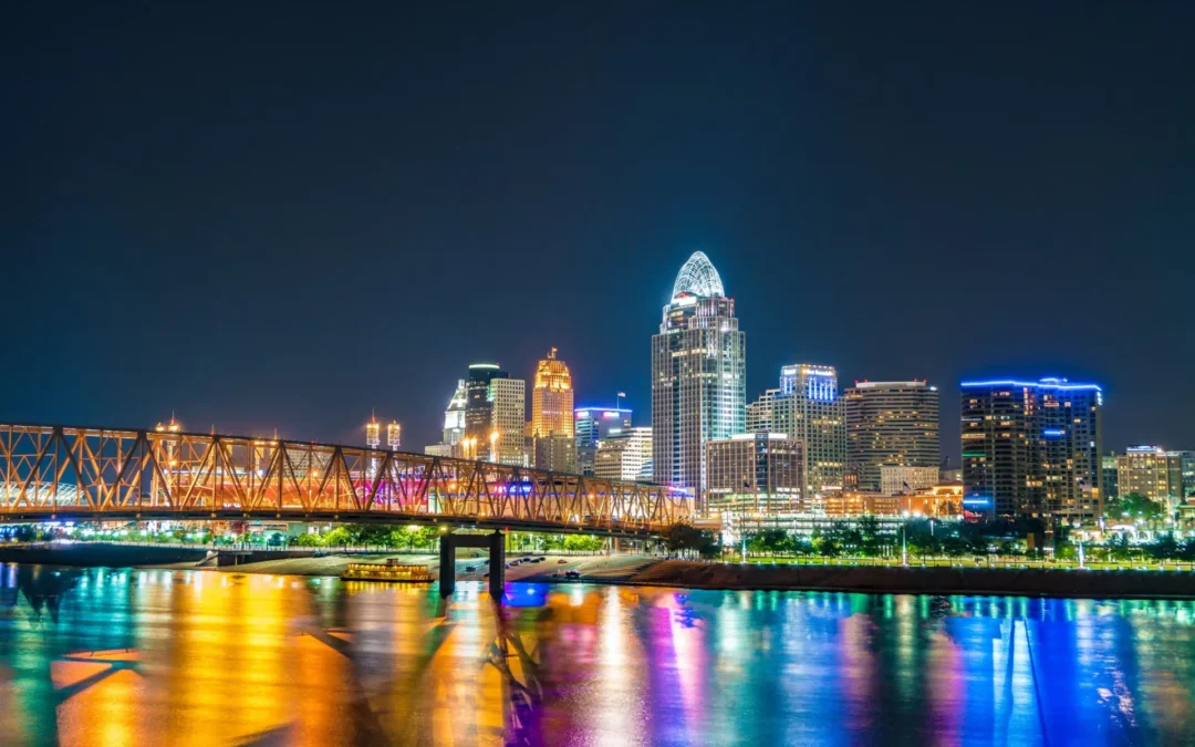 Cincinnati skyline and bridge reflections on the Ohio River at night