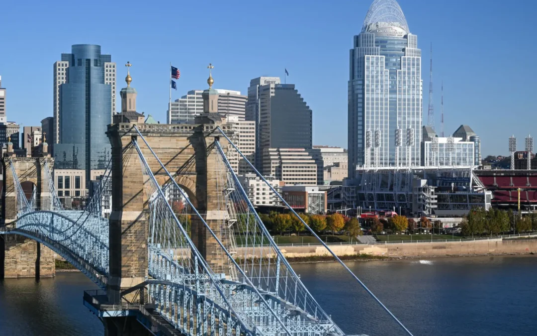 Cincinnati skyline with the historic Roebling Suspension Bridge